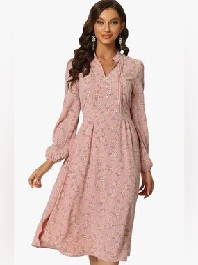 Allegra K Pink Floral Long Sleeve Boho Flowy Spring Dress